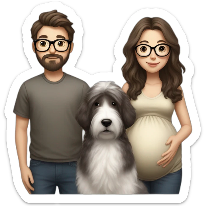 Hyperrealist pregnant girl with half long brown hair with glasses, a boy with long beard, glasses and short hair and english sheepdog sticker