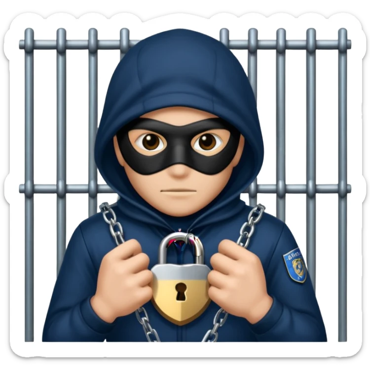 emoji of a masked thief gripping prison bars with a padlock and police badge visible, chains in the background sticker