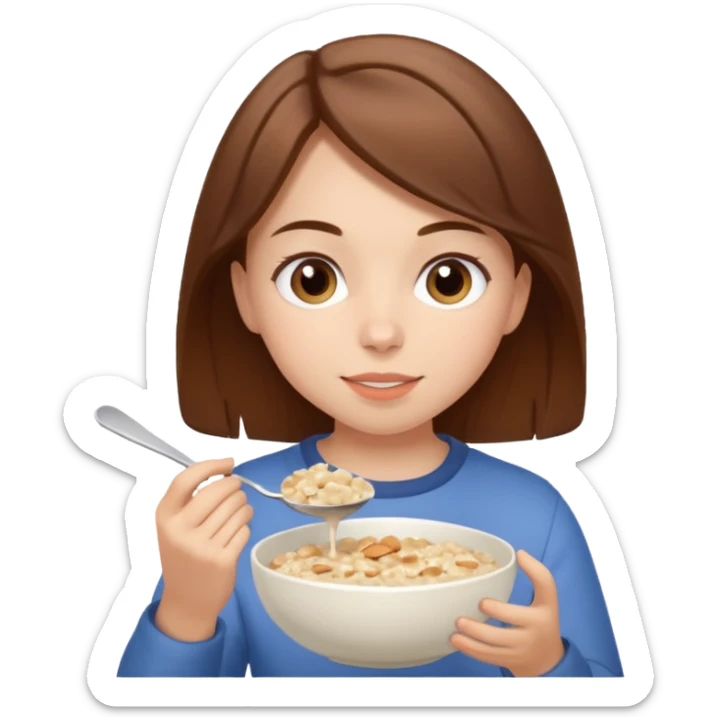 Girl eating oatmeal porridge and girl have brown hair sticker