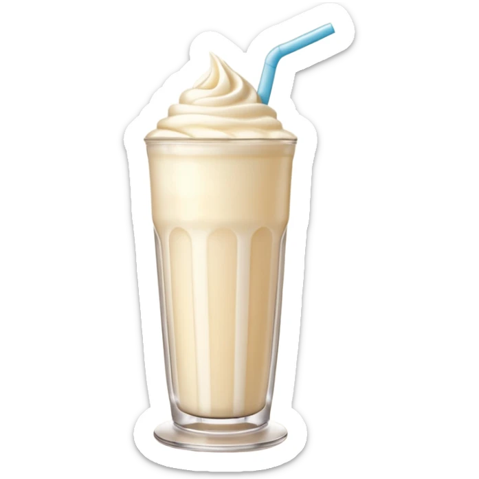 A 3D cartoon tall glass of vanilla milkshake with a straw, smooth creamy texture, light froth on top, subtle reflections, soft warm light, Memoji-style. sticker