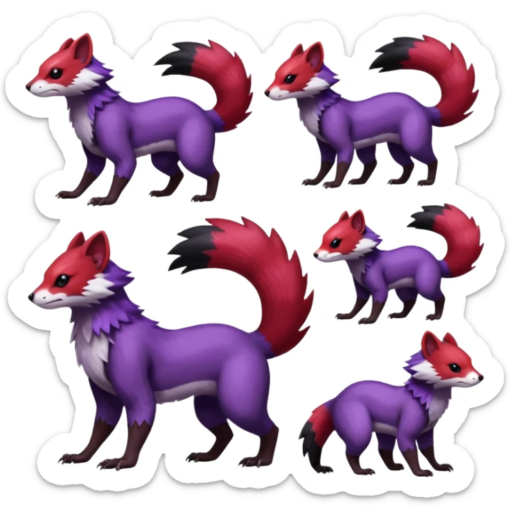 Purple, red, black Trico-Sergal-Furret-Ferret-Wolverine-Vernid-fusion-Fakemon-animal-hybrid-creature, full body sticker