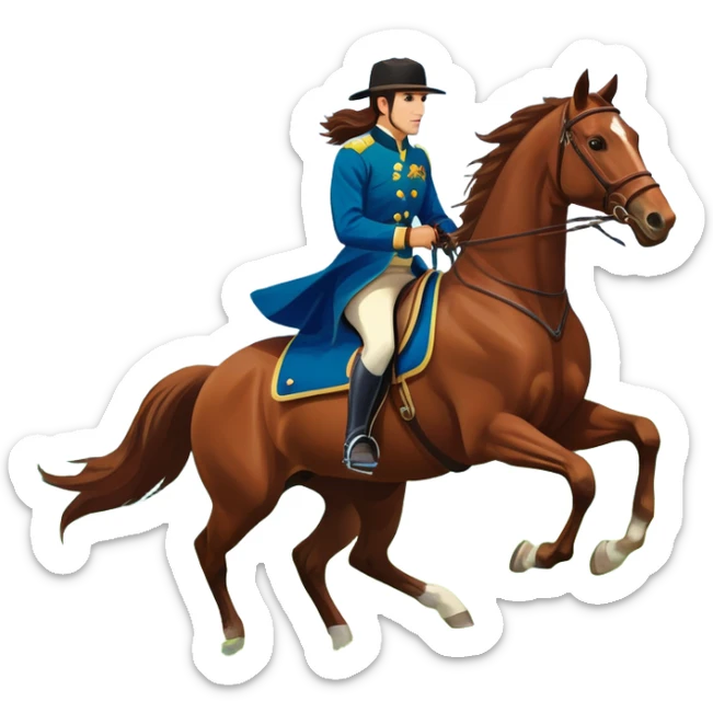An icon showcasing a majestic horse and rider in full gallop across a lush green field. The background features a clear sky, distant mountains, and a vibrant landscape. The rider wears traditional gear, while the horse leaps with grace and power.  sticker
