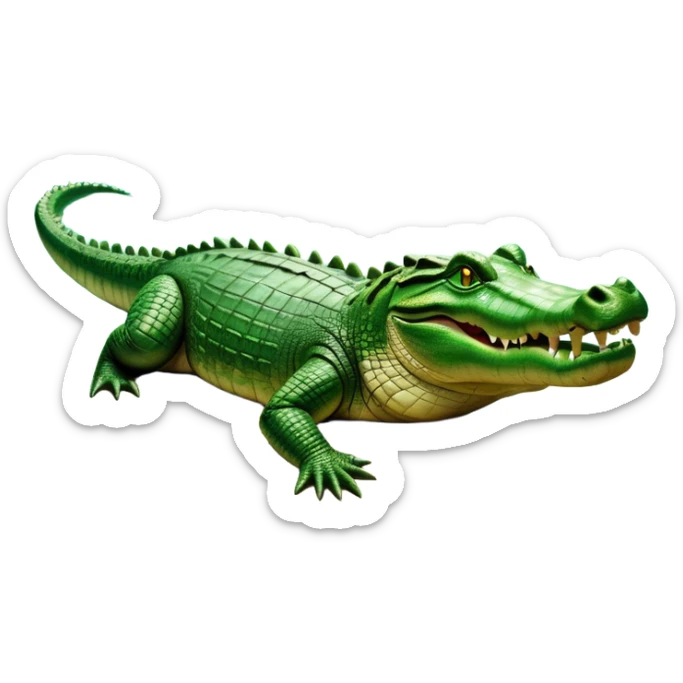 cinematic-crocodile-realistic-full-body-lounging-emoji,-massive-scaled-body-partially-submerged-in-shallow-water,-head-tilted-dramatically,-rough-green-and-brown-hide-textured-with-deep-ridges,-simplified-yet-realistic-focused-features,-highly-detailed,-glowing-with-an-almost-sarcastic-glow sticker