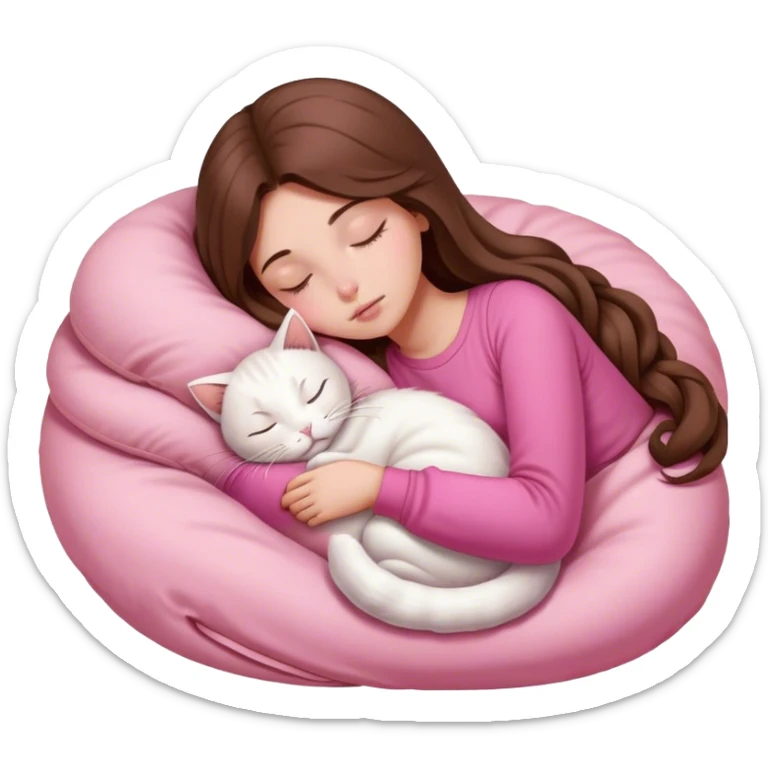 A pretty white girl with very long brown hair and pink clothing sleeping curled up to a white cat  sticker