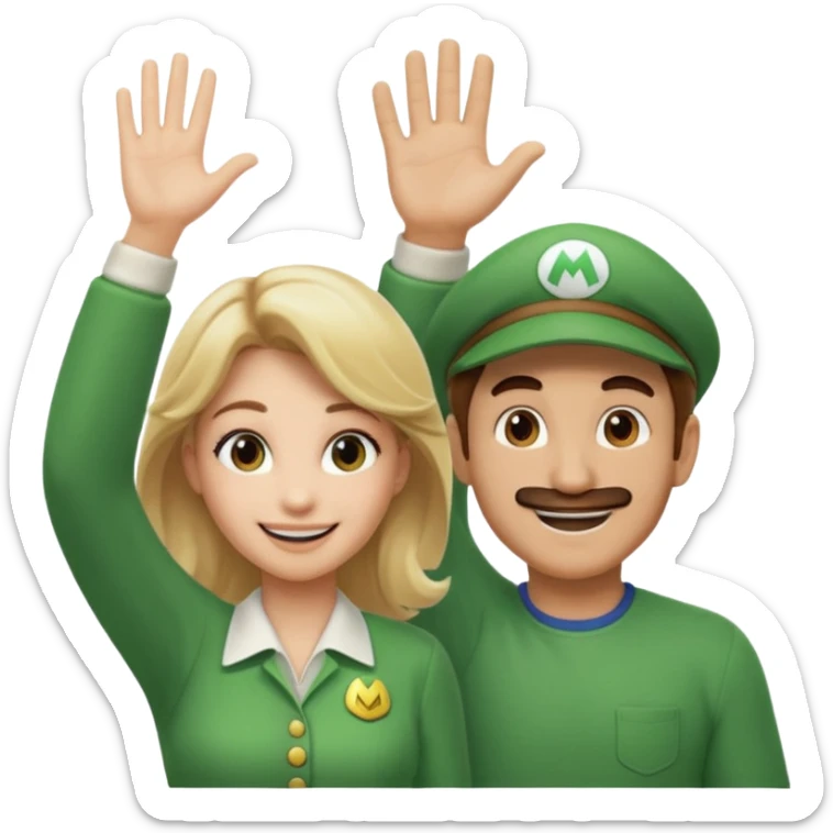 blonde female Luigi and a normal brown hair male mairo. They are friends! Maybe highfiving or just smiling sticker