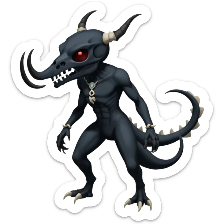 Shiny Dark Edgy  Duskull-Salandit-Inteleon-Fakémon-hybrid-creature (full body) with a horned animal-skull-mask sticker