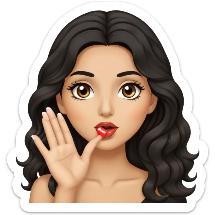 woman with olive skin, brown eyes and long lashes, and long black wavy hair blowing kiss sticker