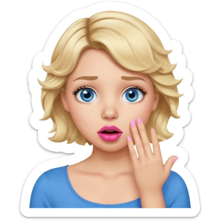 Girl Blonde short wavy hair,  blue eyes, cute blue top, long lashes, pink lips, shocked, hand over the mouth sticker