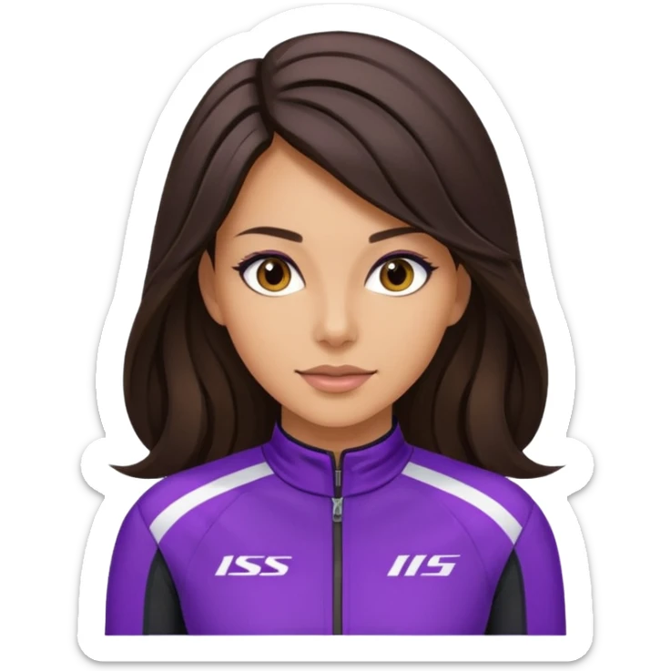brunette long hair woman with black racing outfit with purple strips sticker