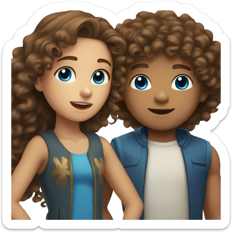 boy with brown curly hair and brown eyes and girl with long brown hair and blue eyes sticker