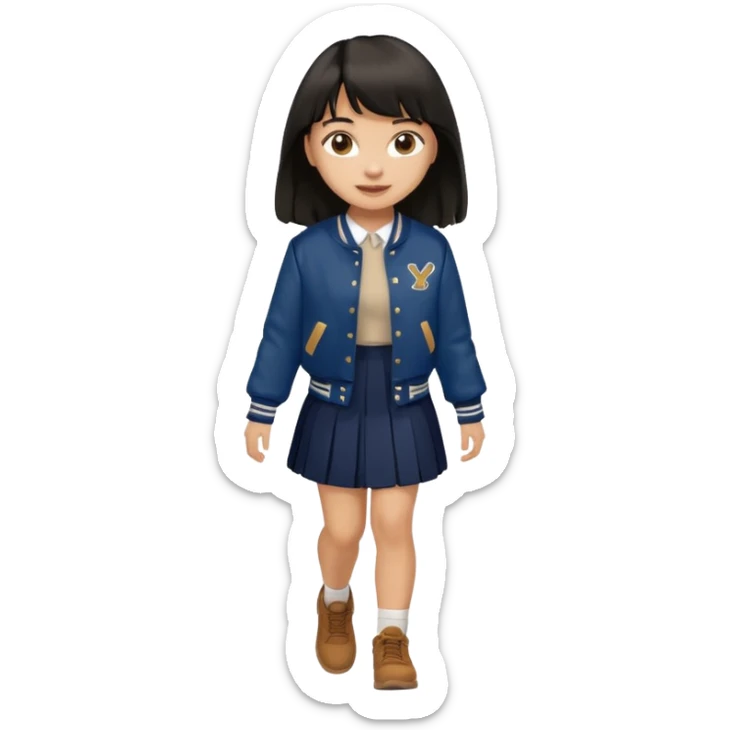 black color long hair with fringe, light skin long hair girl with brown varsity jacket and navy long skirt walking

 sticker