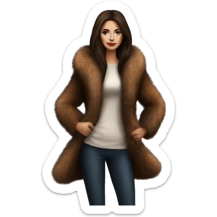 Beautiful Woman Realistic long hair brunette Mob wife big brown fox fur coat  sticker