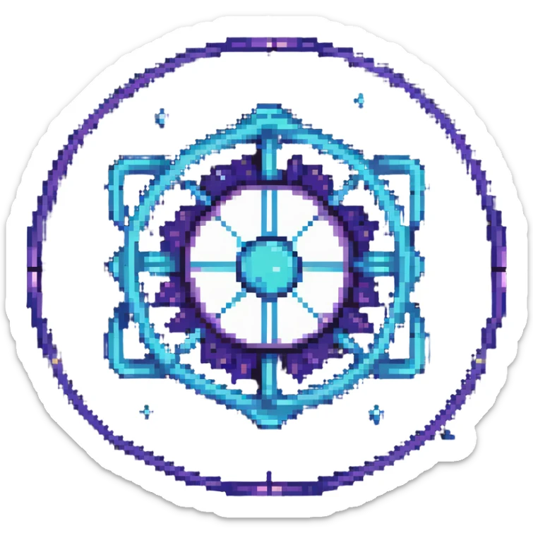 minimalist pixel art emoji for Neutron blockchain, glowing neutron particle or atomic symbol at center, soft cosmic background with deep space or stars, futuristic tech feel, cool tones blue purple white, clean modern 2D flat design, visually distinct at small sizes sticker