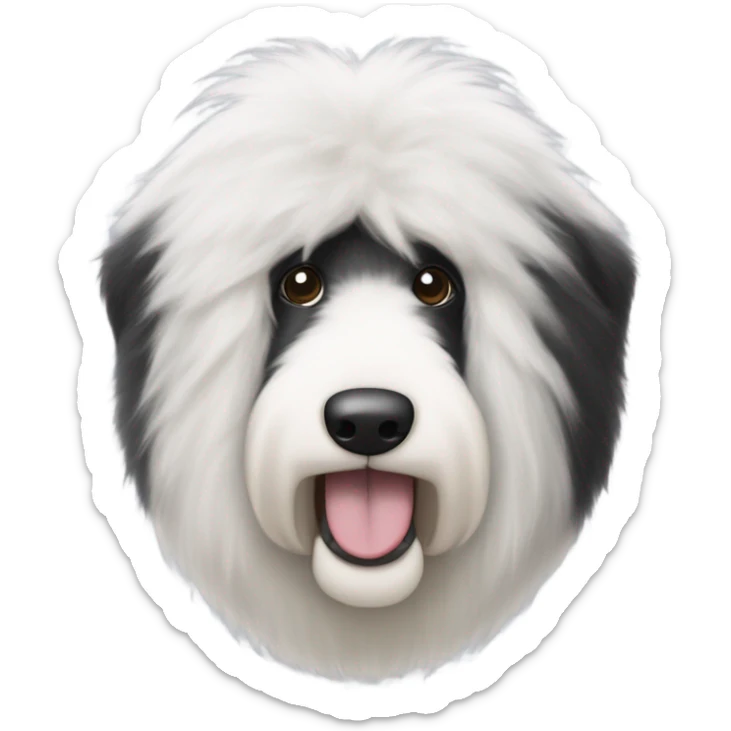 Old English sheepdog face with the right half of his face white and the left half of his face black. White around the mouth and nose. Very fluffy and both ears are black sticker