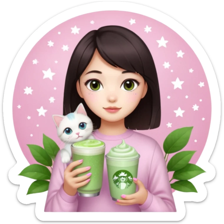 asian girl with short dark brown hair with a soft girl pink glowup aesthetic. matcha latte sparkles girly things, 2 ragdoll cats, skincare, makeup, money, luxury, add makeup and sparkles sticker
