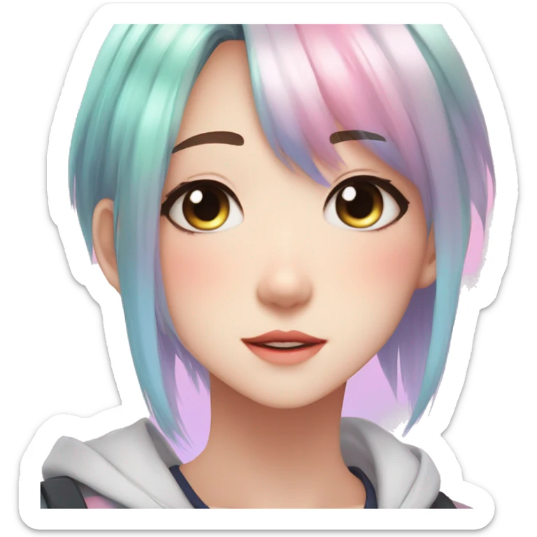 Gorgeous anime style tomboy with blushing face aesthetic and pretty colorful shiny gradient pastel hair trending style sticker