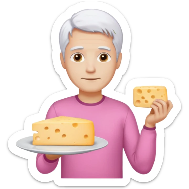 Homme gros chemise rose cheveux blancs avec une assiette et un gros fromage  sticker