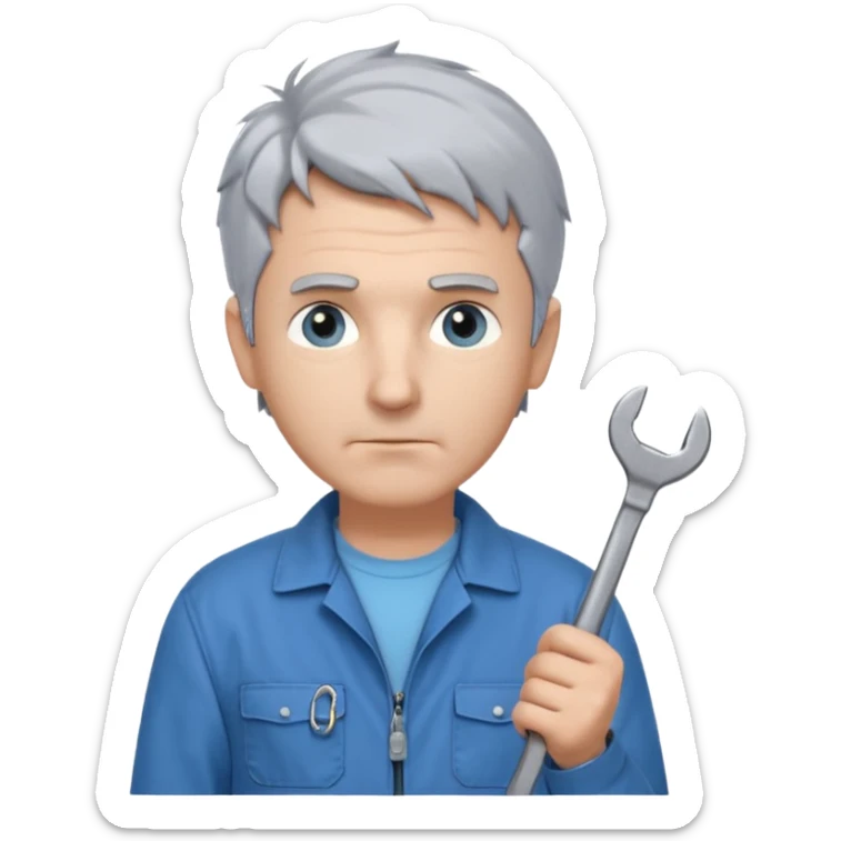 Calm and independent male technician, fair skin, short tousled grey hair, cool light-blue eyes, serious but composed expression, wearing a blue work jacket over a grey t-shirt, holding a wrench in one hand and a mechanical gear in the other, waist-up, front-facing sticker