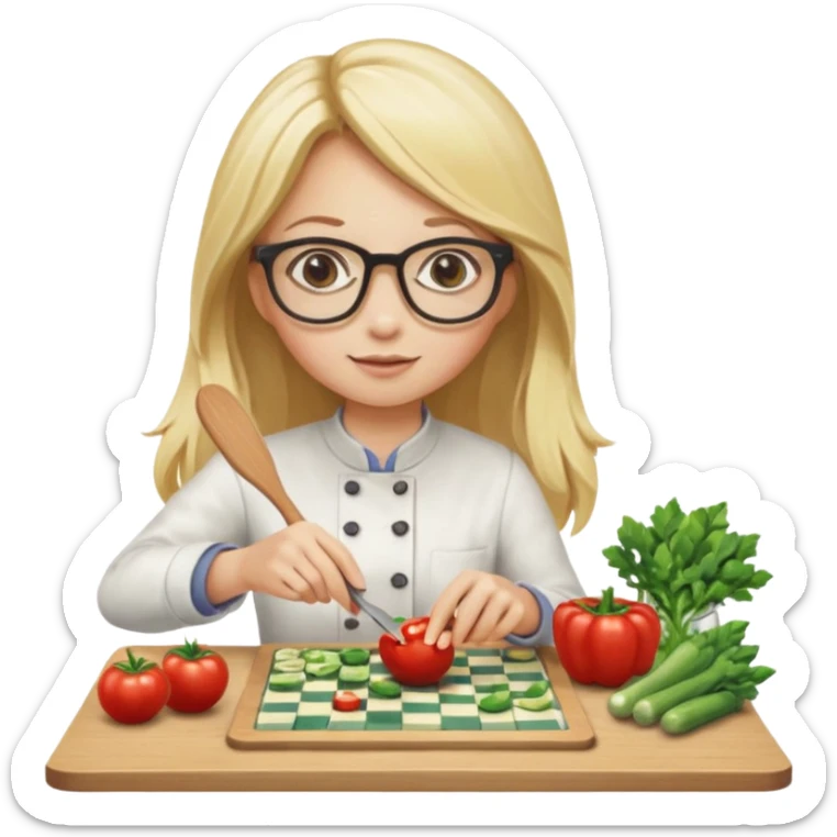je voudrai un emoji d'une fille aux cheveux longs et blonds avec des lunettes entrain de découper, une entrain de faire un jeu de société, une qui cuisine, sticker