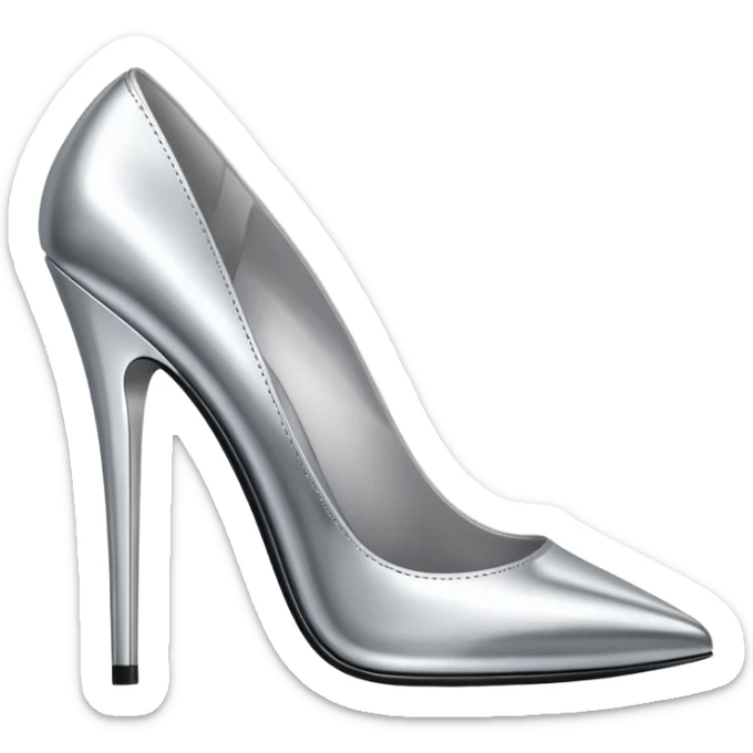 A pair of high heel shoes emoji made of polished silver chrome, elegant sharp silhouette, smooth metallic surface, glossy reflections, luxury sexy vibe, minimalistic iOS emoji style, centered, clean white background sticker