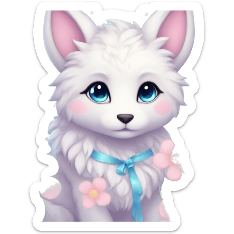 Anthro Cute Cool Blushing Pastel Innocent Shy Kawaii gorgeous sparkly ethereal fantasy anime animal creature with blue eyes furry sona with flowers and ribbons beautiful aesthetic sticker