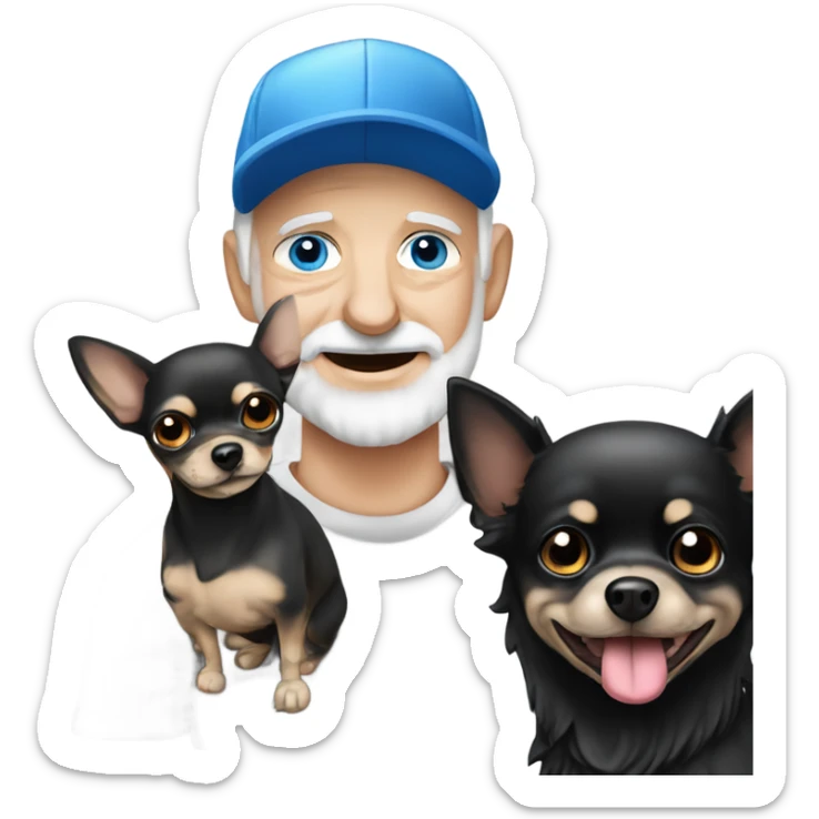 Old man blue eyes goatee beard ball cap holding cute black long fur Chihuahua sticker
