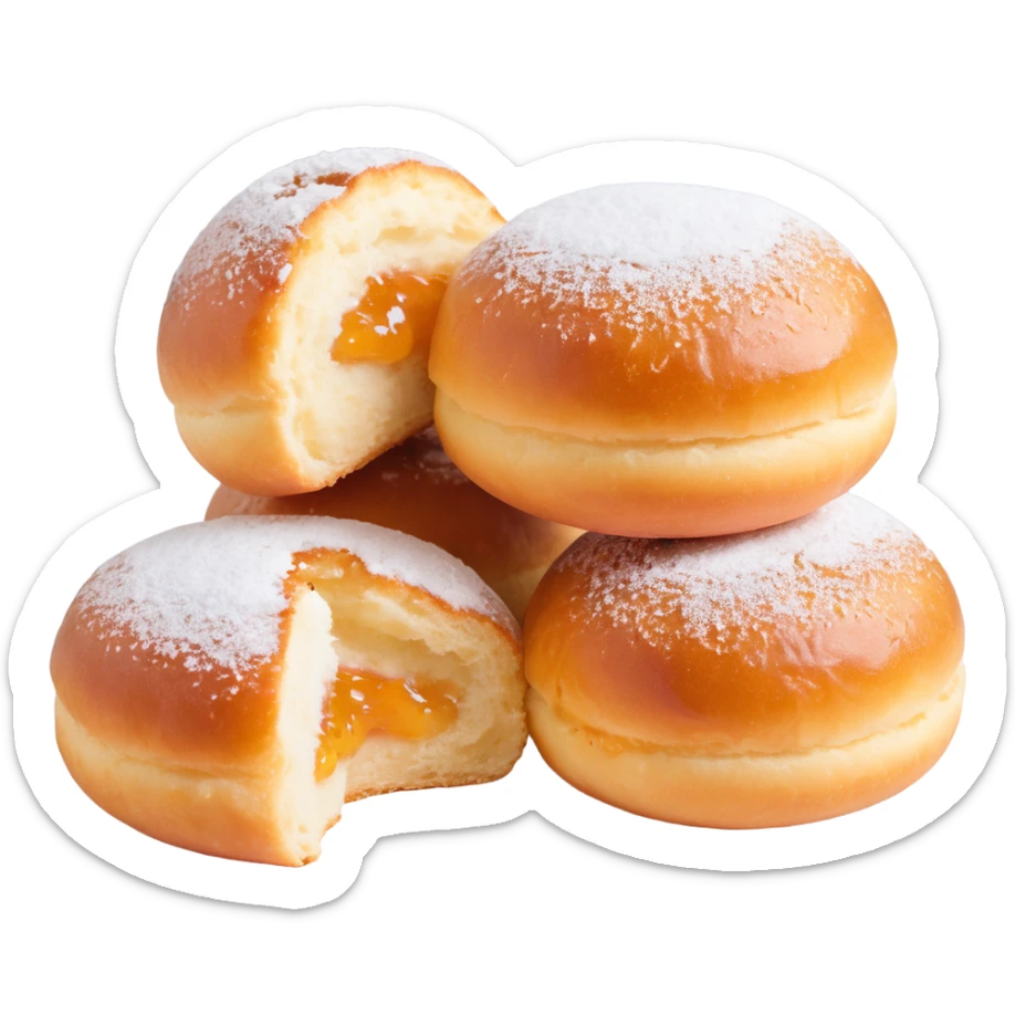 a single Berliner Krapfen, round, golden-brown, no hole, heavily covered with powdered sugar, with visible jam filling sticker