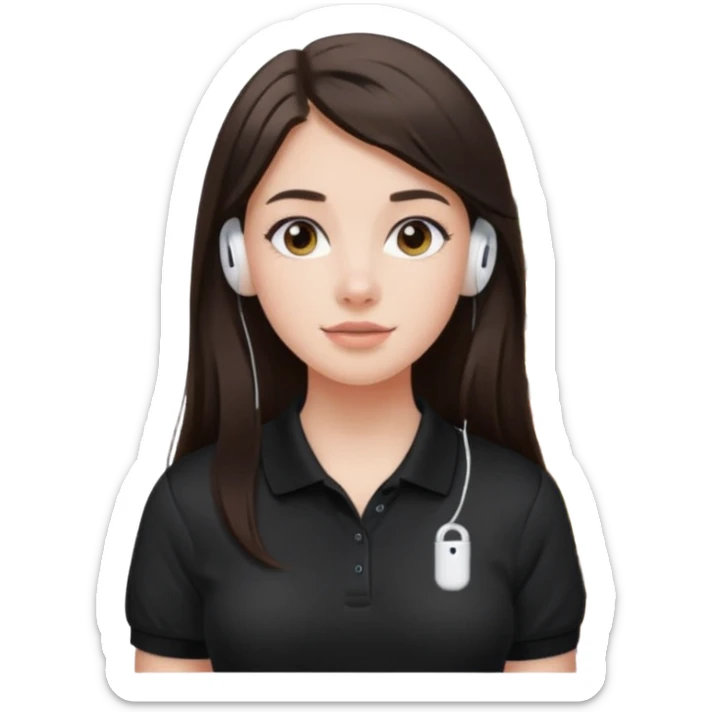 Girl with long dark brown hair with airpods wearing a black wegmans grocery store polo sticker