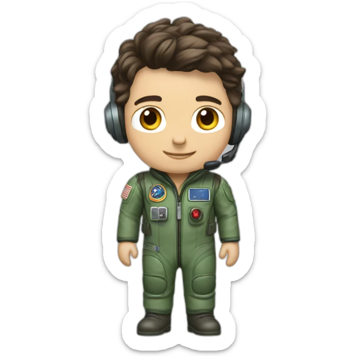 A young white male tennager with dark brown hair and brown eyes in a pilot suit and wearing a green Pilot headset sticker