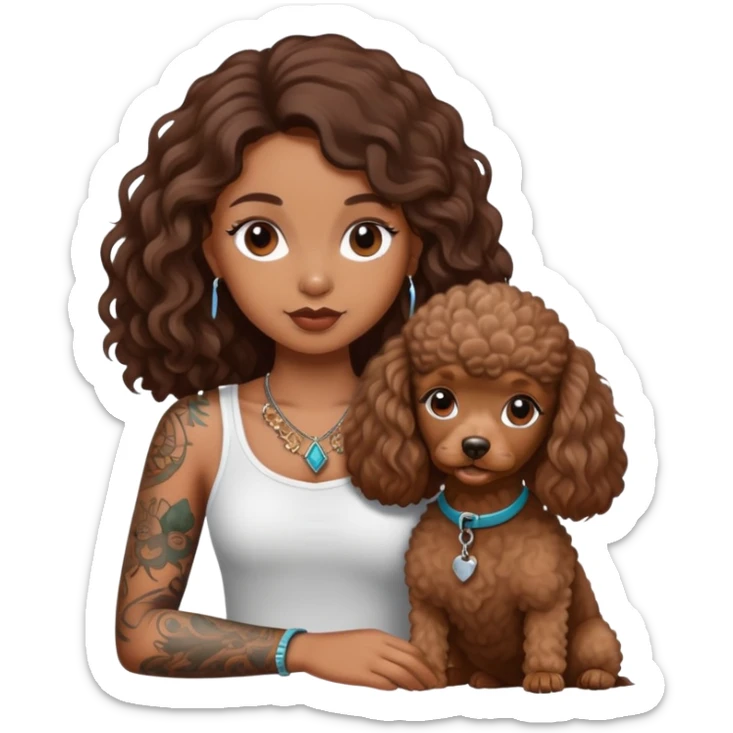a  girl with brown  Slightly curle long hair and tattoos and a miniature poodles sticker