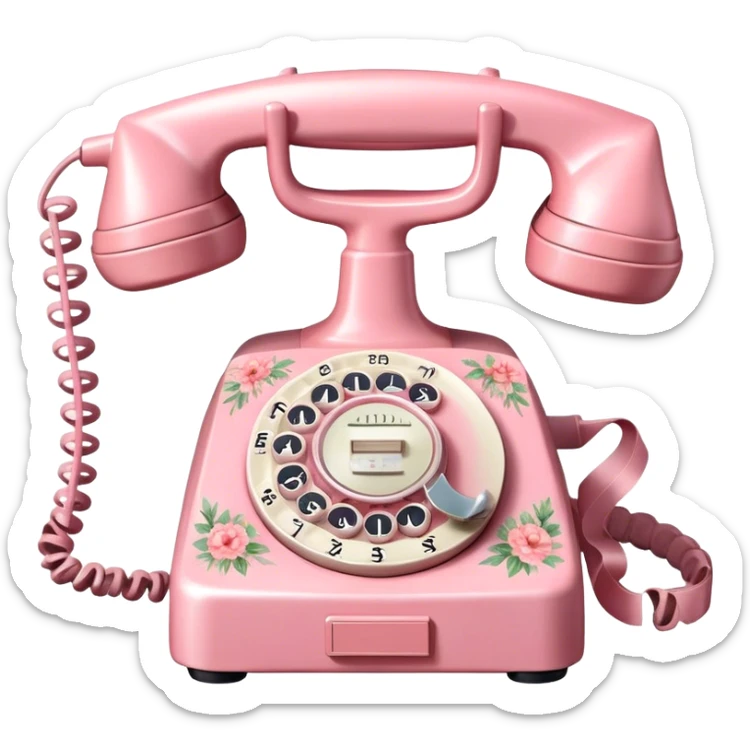 "A vintage pink rotary telephone with intricate floral details and a soft ribbon bow, watercolor style." sticker