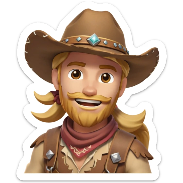 clash-of-clans-aesthetic_-cinematic-playful-cowboy-portrait-emoji, head-tilted with a roguish, cheeky grin and twinkling eyes, featuring a rugged, spirited build with a wide-brimmed cowboy hat and a weathered bandana on tan skin, riding a powerful galloping horse with dynamic flowing mane, reins gripped firmly in one hand and a lasso in the other, as dust swirls behind them in a vast desert landscape. sticker