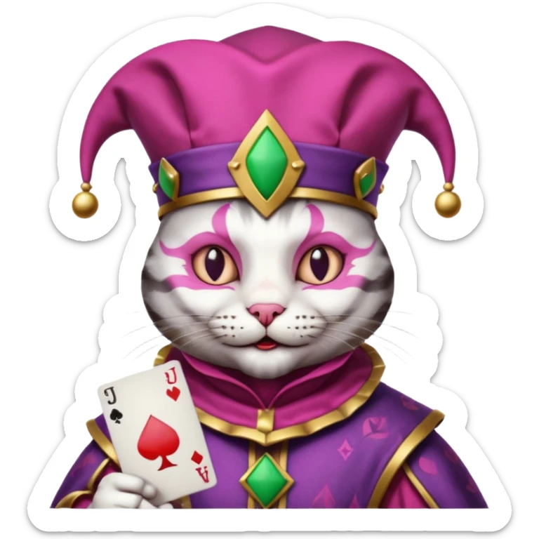 court jester cat medieval, single poker card joker clearly visible, pink, face only, round badge,  court jester cap sticker