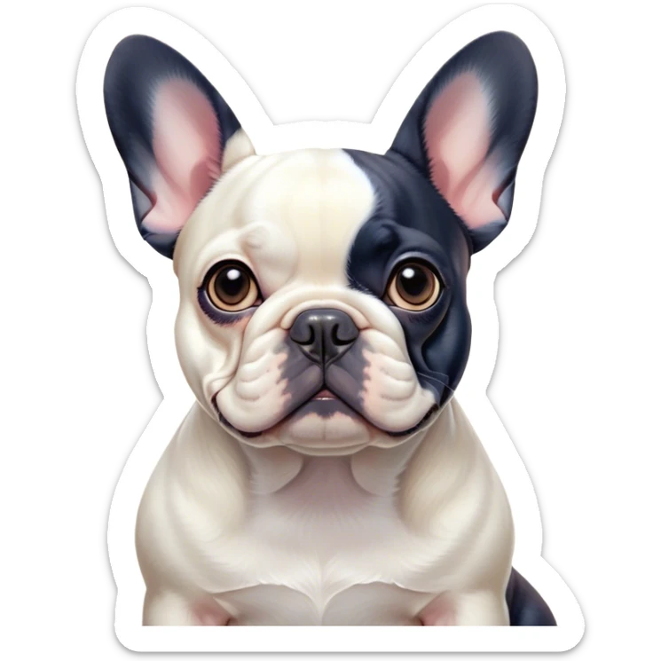 Cinematic Noble Pied French Bulldog Portrait Emoji, Radiating regal yet playful charm, with a distinctive pied fur of contrasting hues and a sculpted, expressive face featuring gentle, wise eyes and a confident stance, simplified yet artistically detailed, glowing with a soft, sophisticated radiance, high shine, exuding intelligent nobility and refined flair, soft glowing outline, capturing the essence of a noble Pied French Bulldog that embodies both strength and grace! sticker