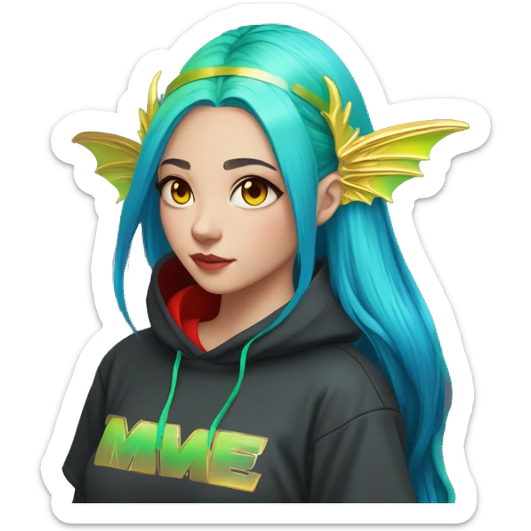 Lady with brunette and iridescent blue hair, gold, lime green dragon wings, black hoodie, oilslick holographic, black and gold Nike t shirt, and bright red eyes sticker