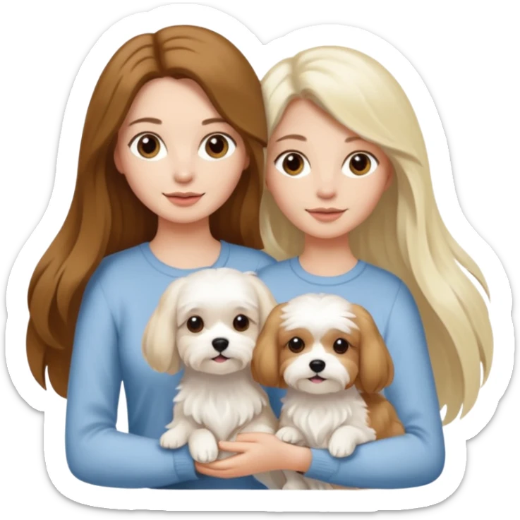 two women are holding one Maltese dog. one woman is brunette the other woman is blonde long haired  sticker