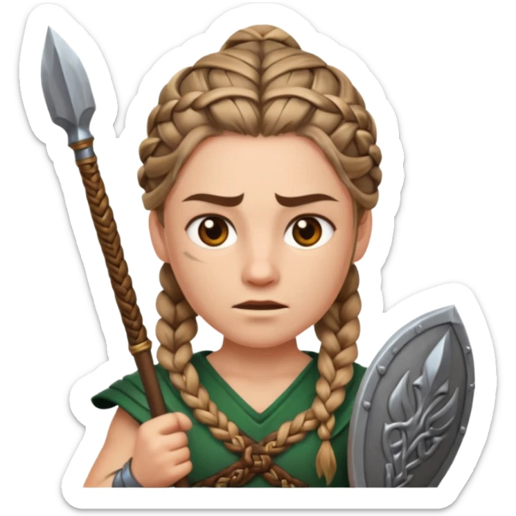 Emoji portrait of a Celtic warrior. Braided hair, fierce expression, holding a spear. sticker