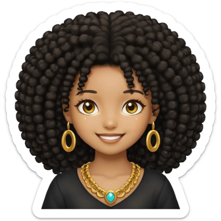 Create a black chibi girl with long afro hair and beautiful gold eyes with a smile sticker