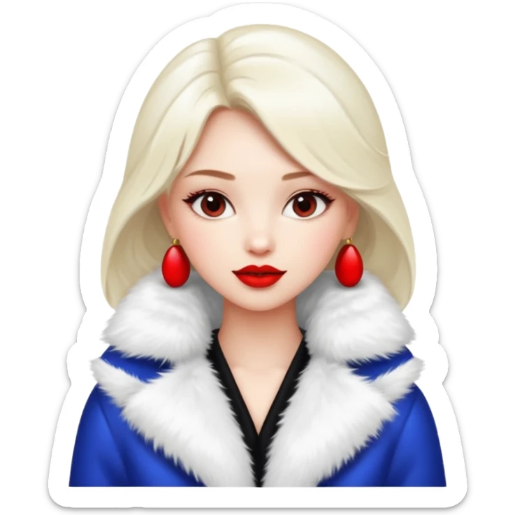 A beautiful, cute girl with red lipstick is posing for a photo in a white fur coat sticker