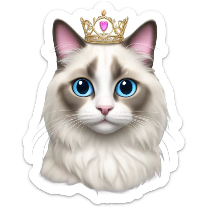 Realistic ragdoll cat with blue eyes and Dark markings wearing pink and gold tiara sticker