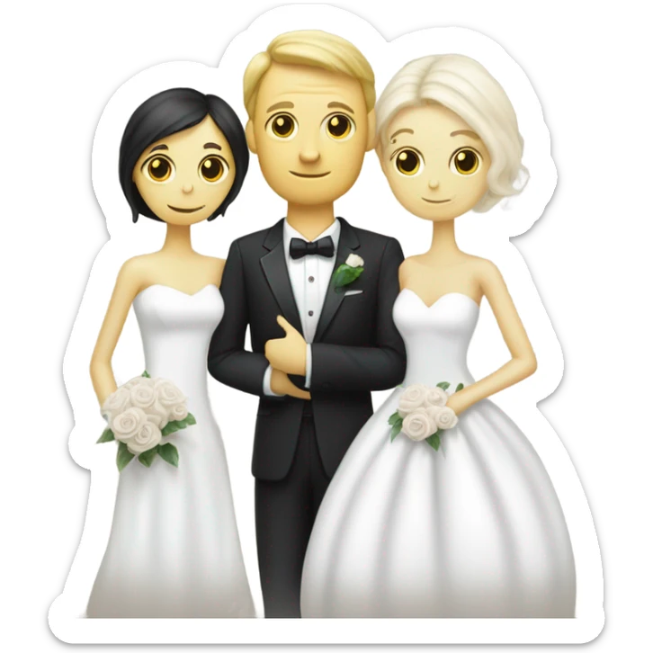 White humman man in a tuxedo, Alien reprilian woman in wedding dress, and one , hands getting married sticker