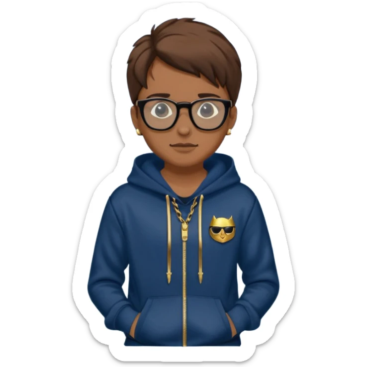 Brown hair with black glasses and lends have black and a dark blue hoodie that says caylus kingdom with black pants and a gold chain  sticker