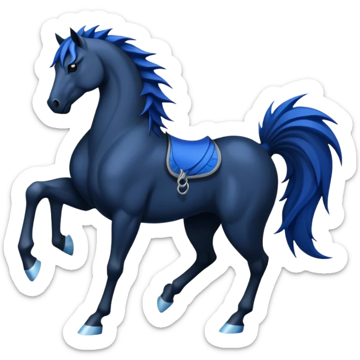 Ninja water horse, black horse body, dark blue watery accents, sharp spikes along mane and tail, fierce warrior pose sticker