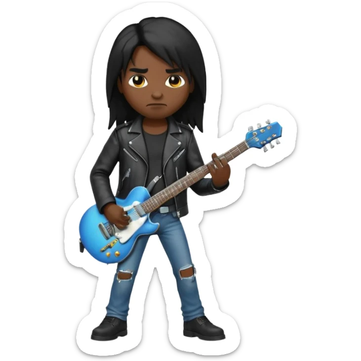 3D Apple-style emoji of a metal musician. Long hair, black leather jacket, ripped jeans, holding an electric guitar. Intense expression, glossy, rounded, smooth, soft shadows, white background.










 sticker