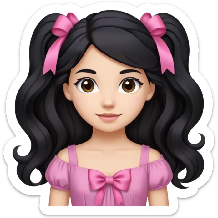Beautiful girl with long black hair in a half-up half-down hairstyle with pink ribbon tying the top half, waves at the ends, brown eyes, light skin, slight smile, and pink dress sticker