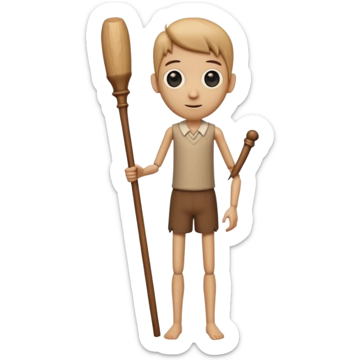 a tall, cylindrical, wooden-like figure with a human-like face, large eyes, and a slight smile. It has small, thin arms and human legs. It appears to be holding a long, wooden stick or bat.
 sticker