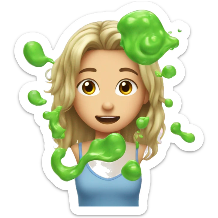 Girl trying to get slime out of her hair sticker