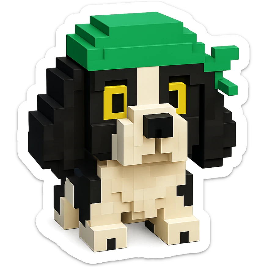 A black and white Russian Cocker Spaniel puppy wearing a green durag, facing forward sticker