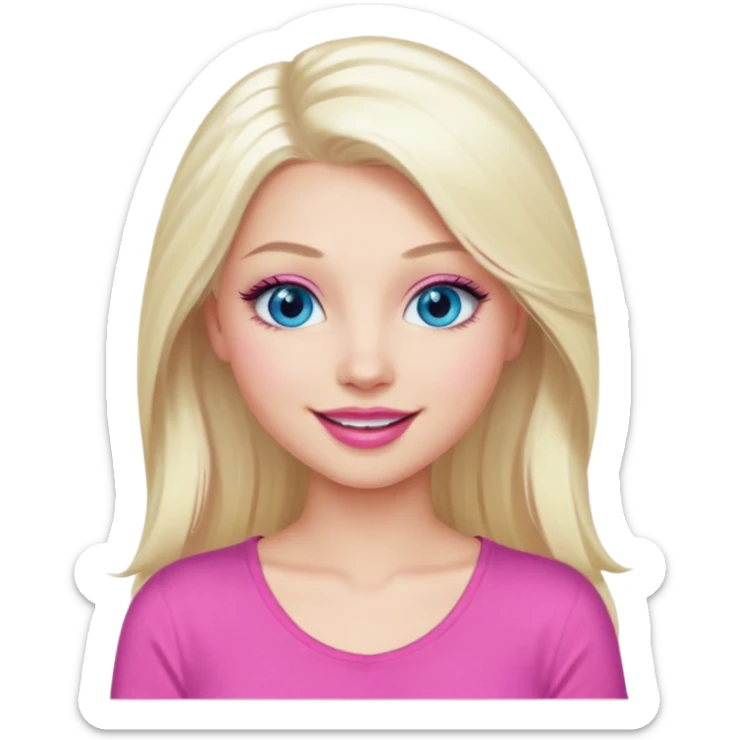 Girl with long platinum blonde hair, blue eyes, long lashes, sexy pink lips, wearing a pink top sticker