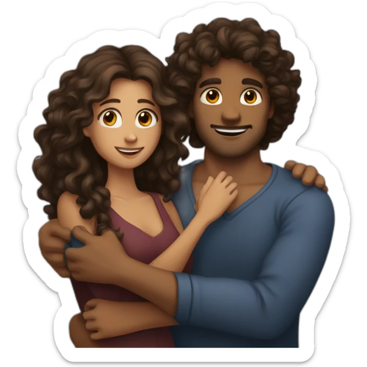 Hug between brown guy with dark hair and a long curly brown hair woman sticker